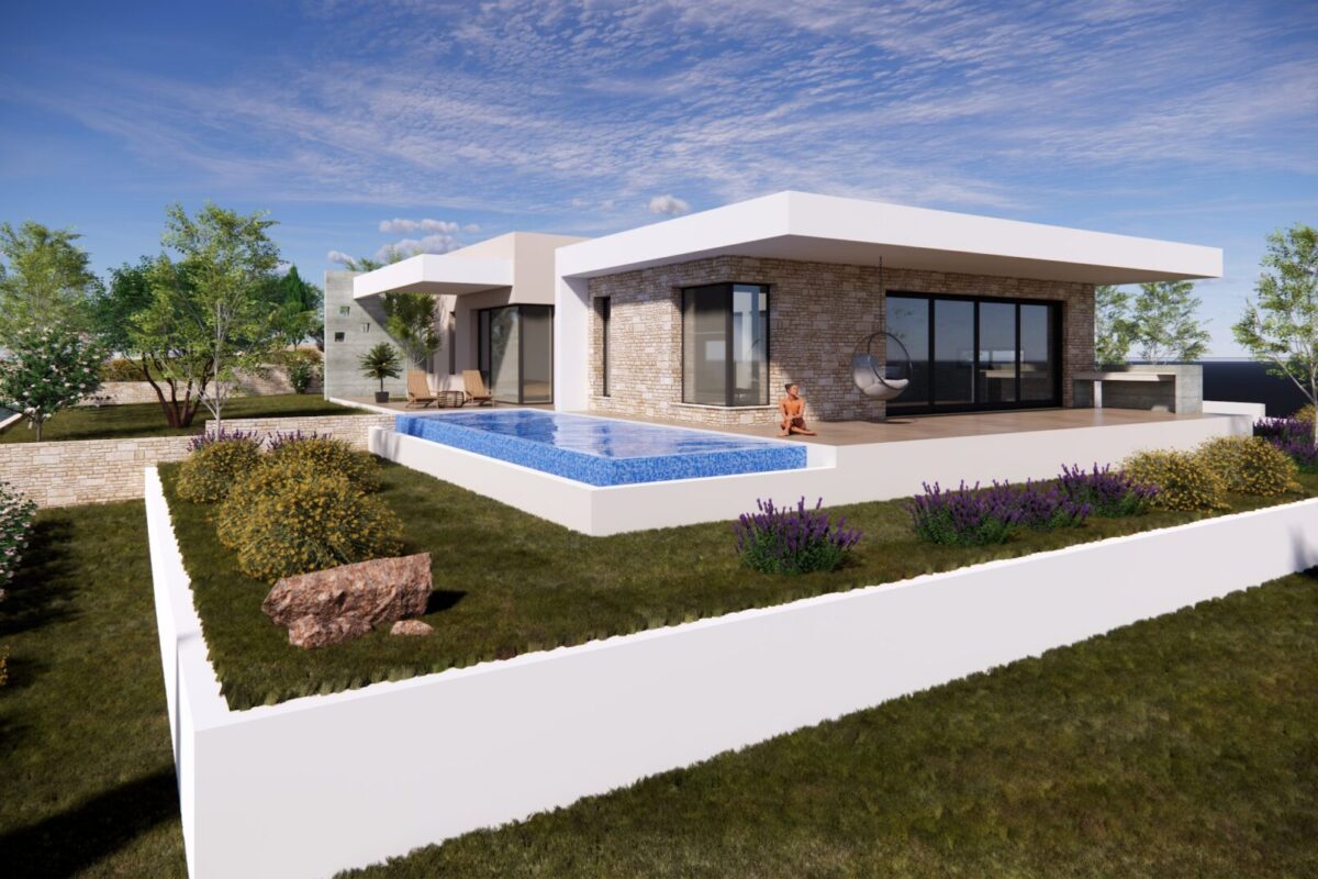 Front view of contemporary 5 Bedroom Bungalow in Tala Paphos (render)