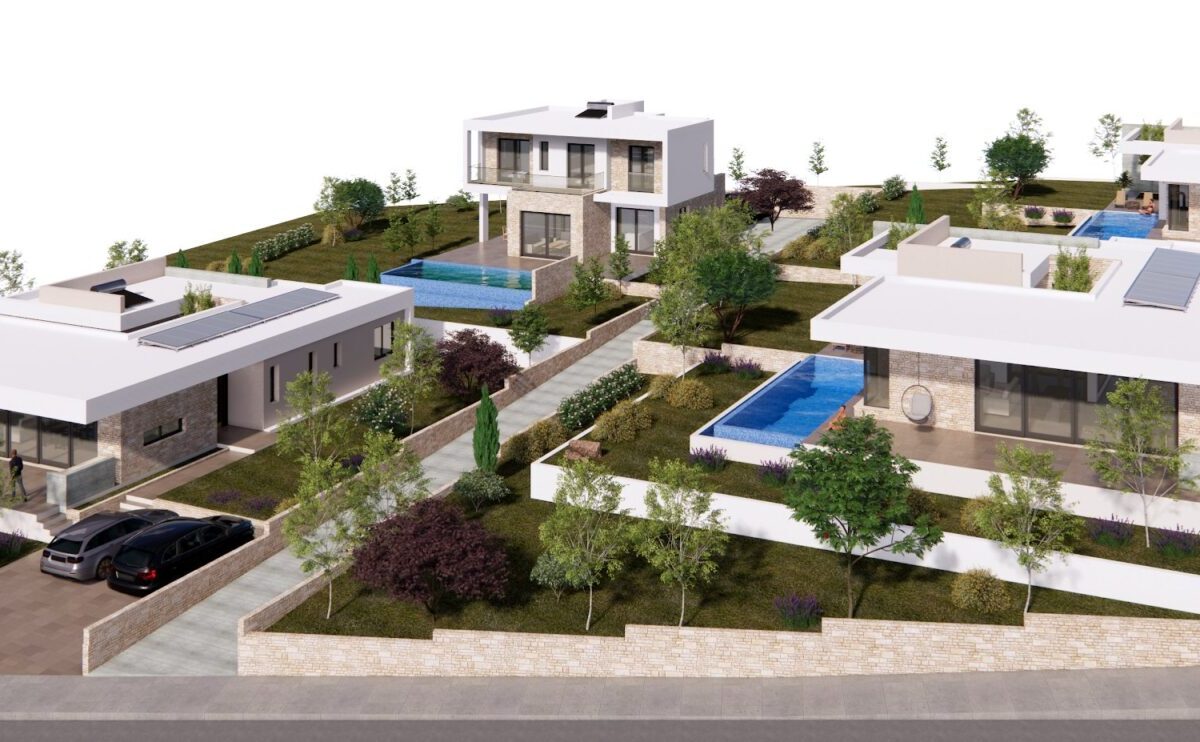 Aerial view of low-density bungalow development in Tala Paphos (render)