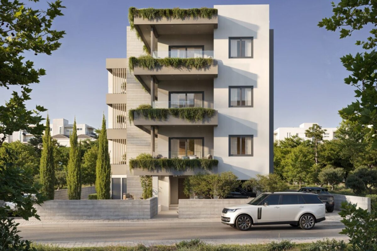 Render of apartment building front elevation with verandas in Universal Paphos