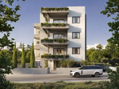 Render of apartment building front elevation with verandas in Universal Paphos
