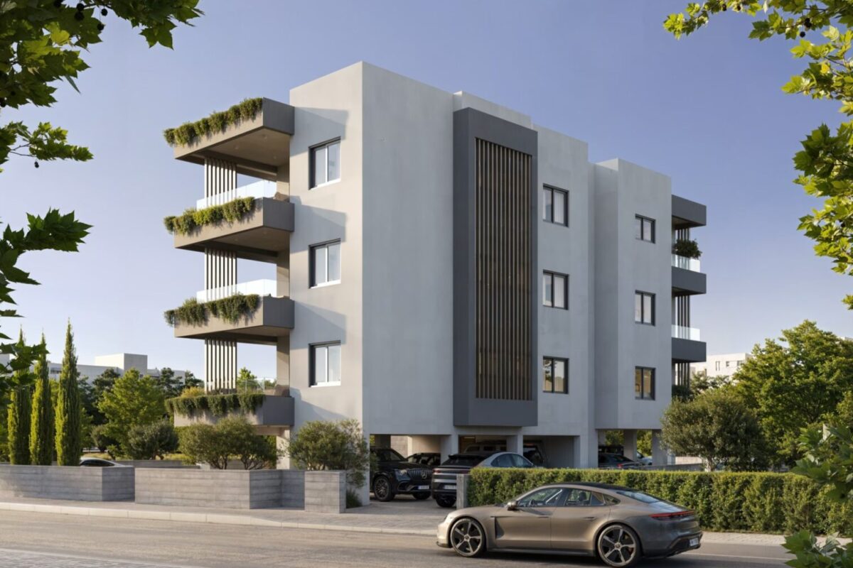 Render of boutique apartment building with covered parking in Universal Paphos