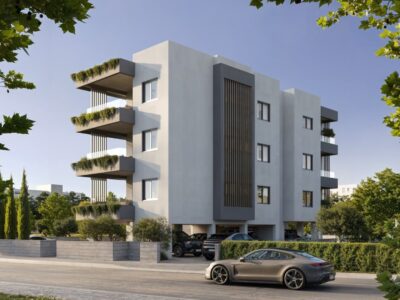 Render of boutique apartment building with covered parking in Universal Paphos