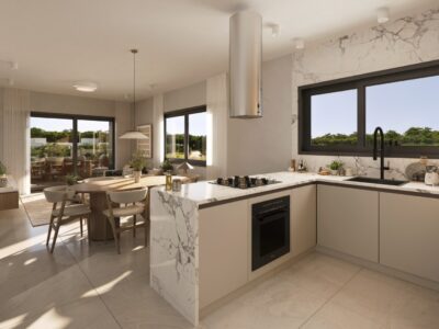 Render of open-plan kitchen and dining area in 2 Bedroom Apartment Paphos