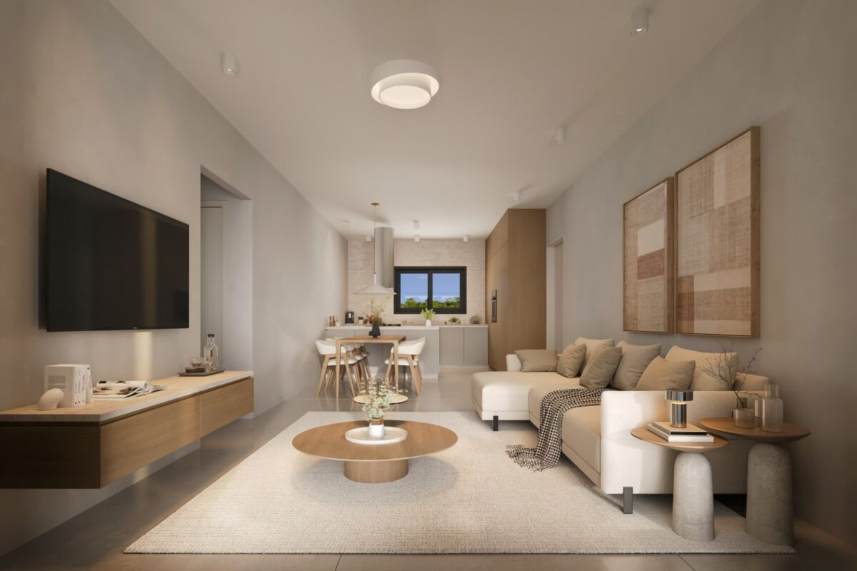 Render of living room in modern 2 Bedroom Apartment Universal Paphos