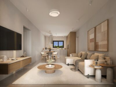 Render of living room in modern 2 Bedroom Apartment Universal Paphos