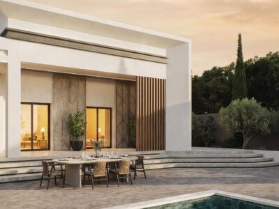 Render of pool terrace with outdoor dining area