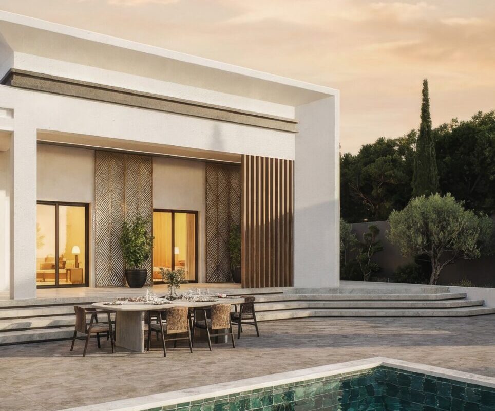 Render of pool terrace with outdoor dining area