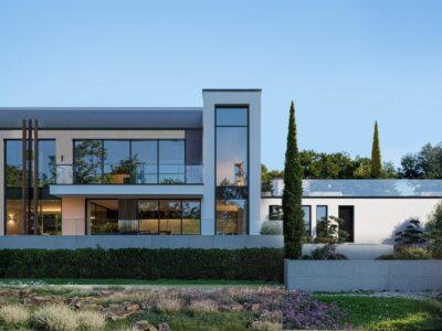 Render of villa facade with landscaped garden