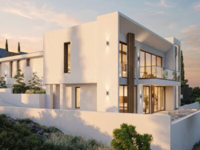 Render of two-level villa exterior at sunset