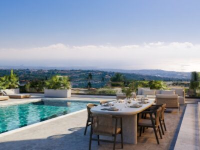 Render of outdoor dining area beside the private pool