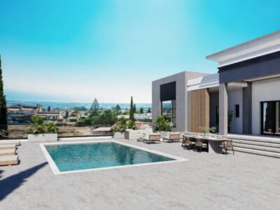 Render of pool area and villa exterior