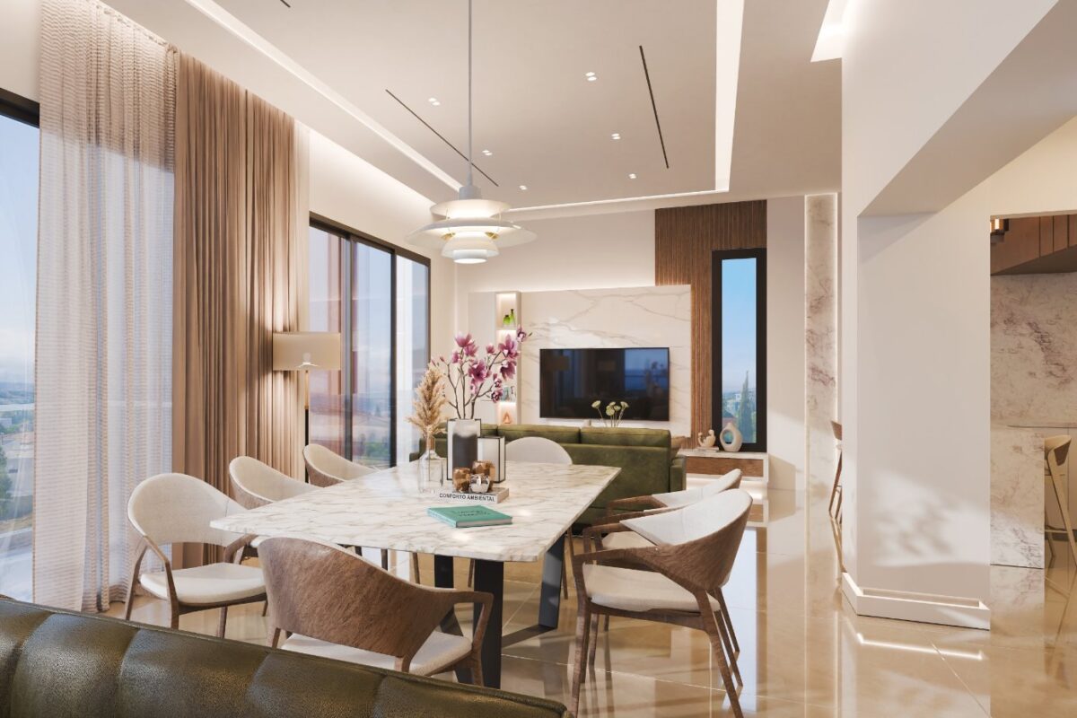 Render of open-plan living and dining space