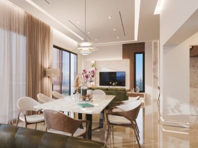 Render of open-plan living and dining space