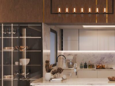 Render of fully equipped kitchen with breakfast bar
