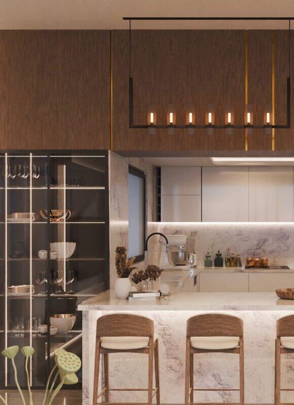 Render of fully equipped kitchen with breakfast bar
