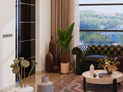 Render of lounge area with large windows