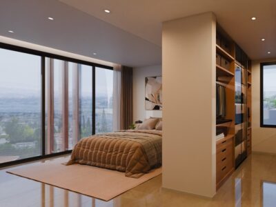 Render of bedroom with walk-in wardrobe