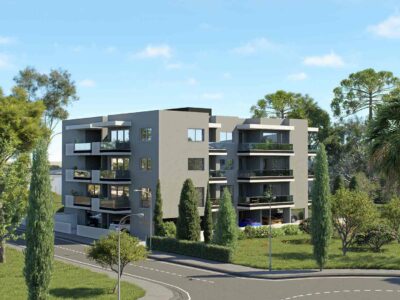 Exterior render of modern apartment building in Paphos