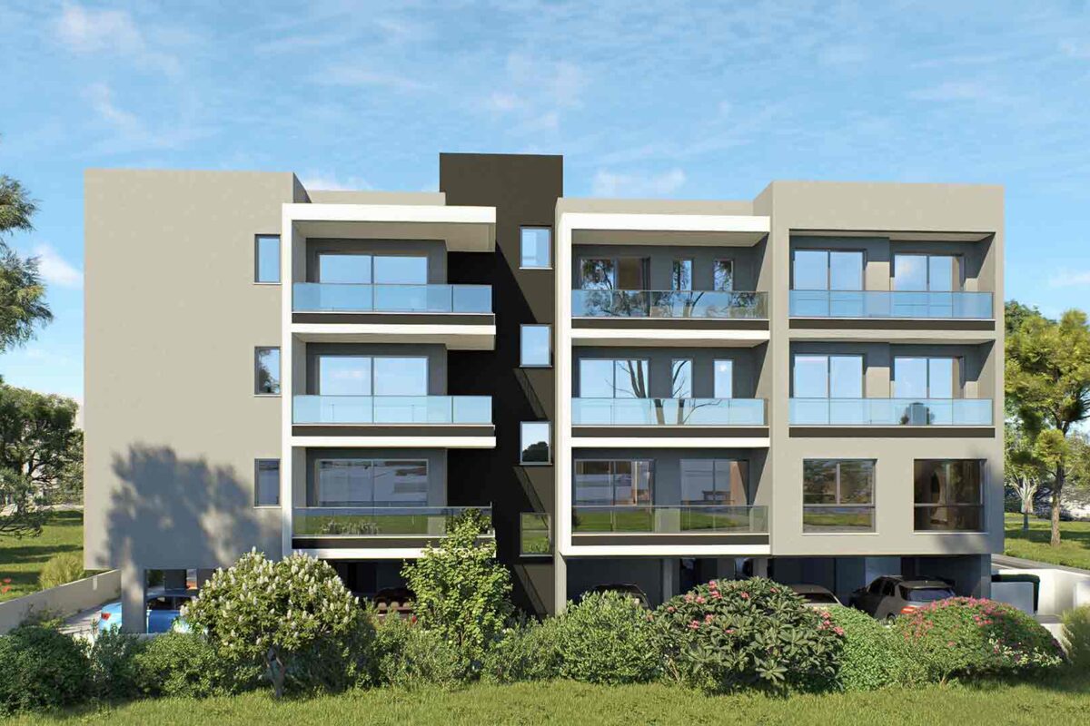 Exterior render of modern apartment building in Paphos