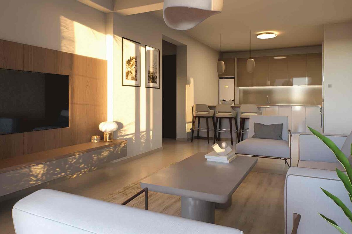 Living area render of 3 Bedroom Apartment in Paphos