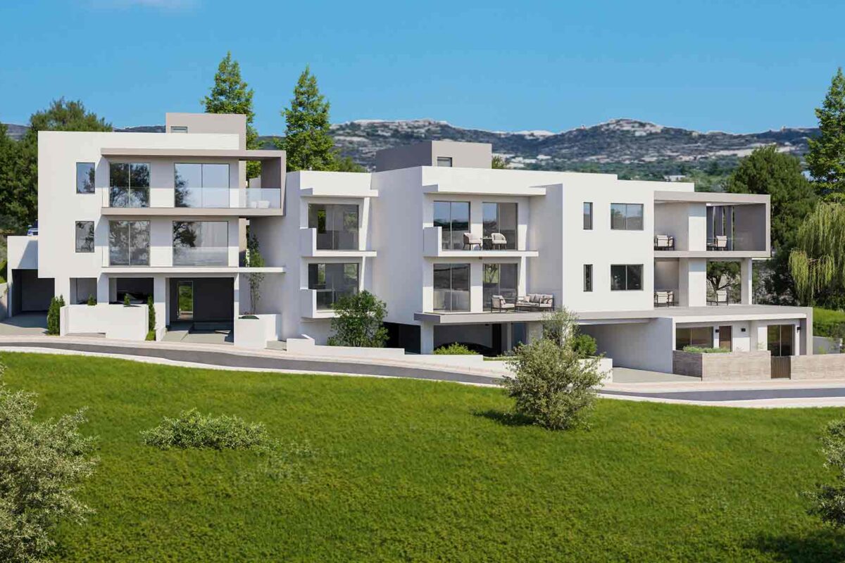 Render of contemporary apartment blocks in Mesogi Paphos