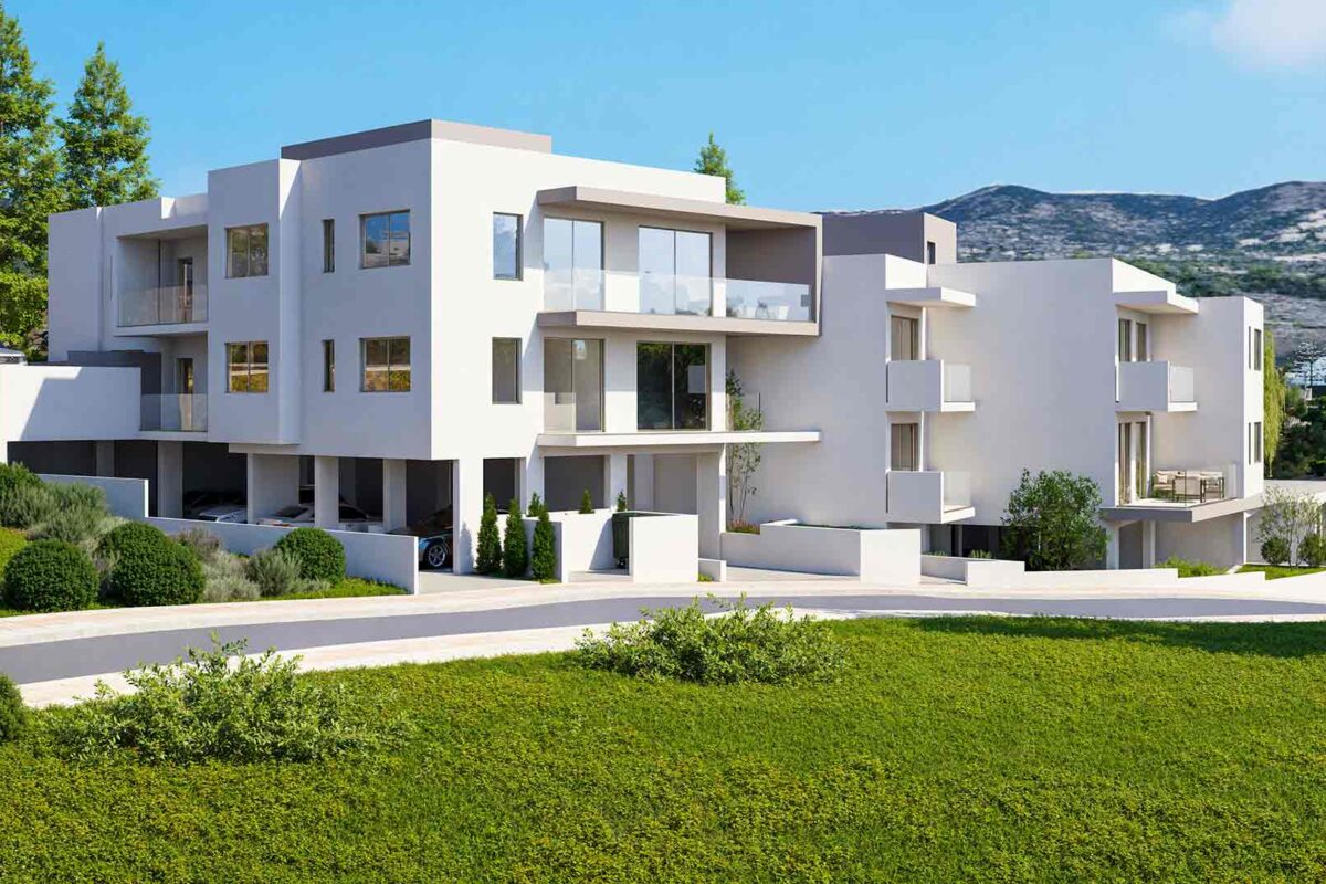 Render of the apartment building with covered verandas in Mesogi Paphos