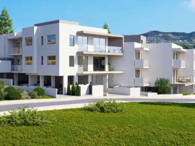 Render of the apartment building with covered verandas in Mesogi Paphos
