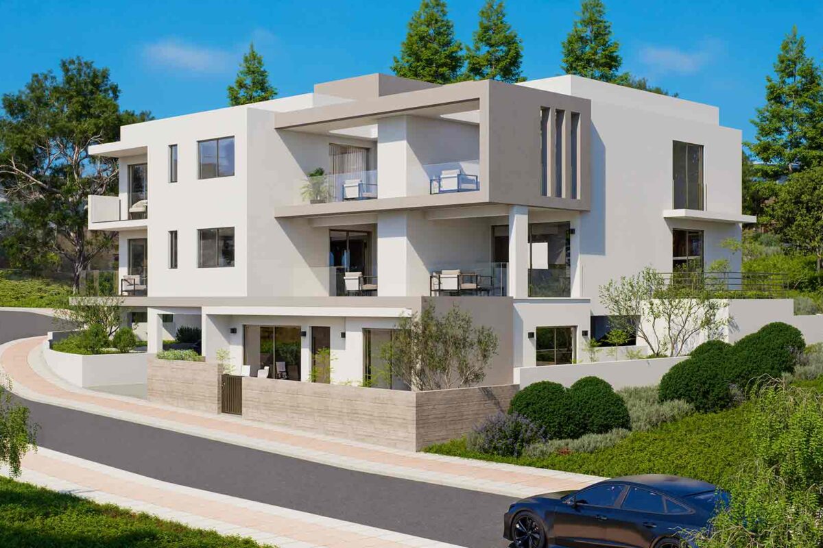 Render of a modern apartment block exterior in Mesogi Paphos
