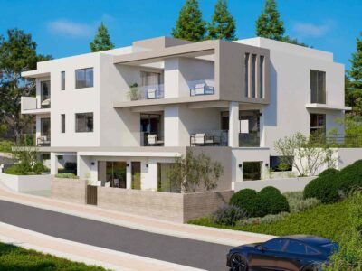 Render of a modern apartment block exterior in Mesogi Paphos