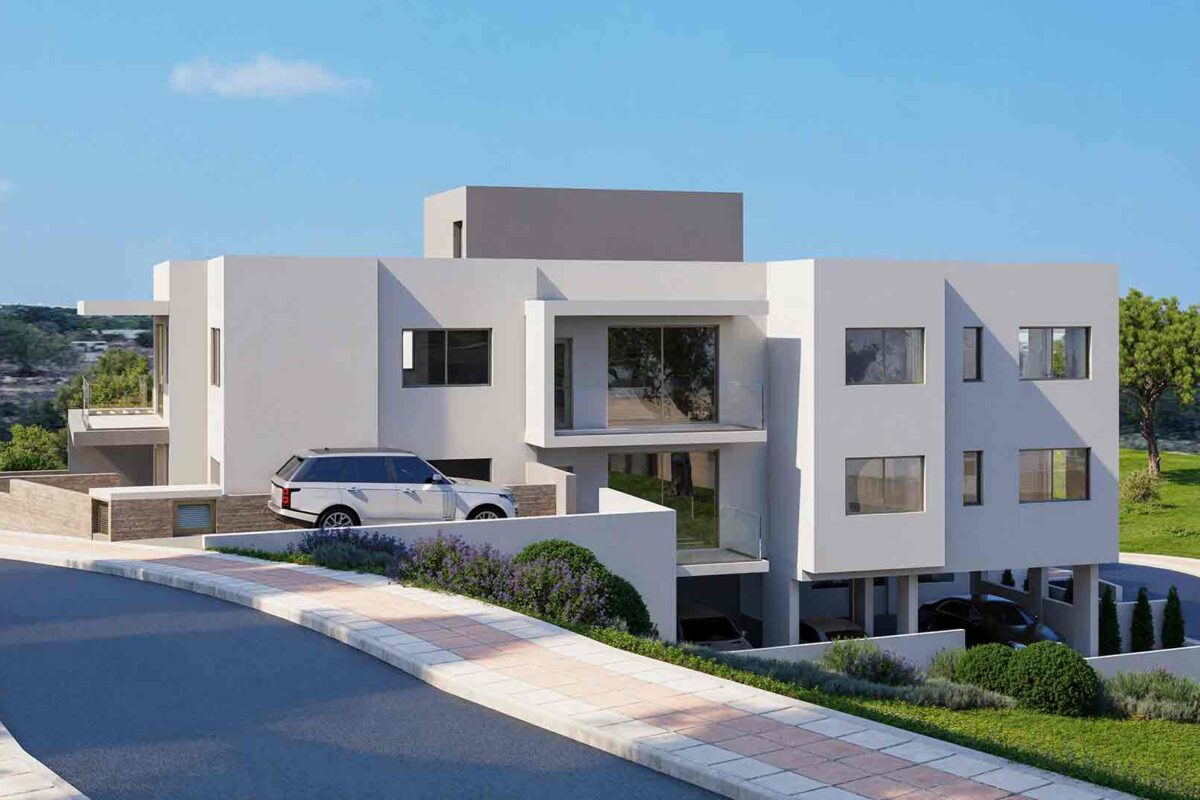 Render of the apartment block rear elevation in Mesogi Paphos