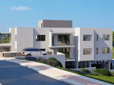 Render of the apartment block rear elevation in Mesogi Paphos