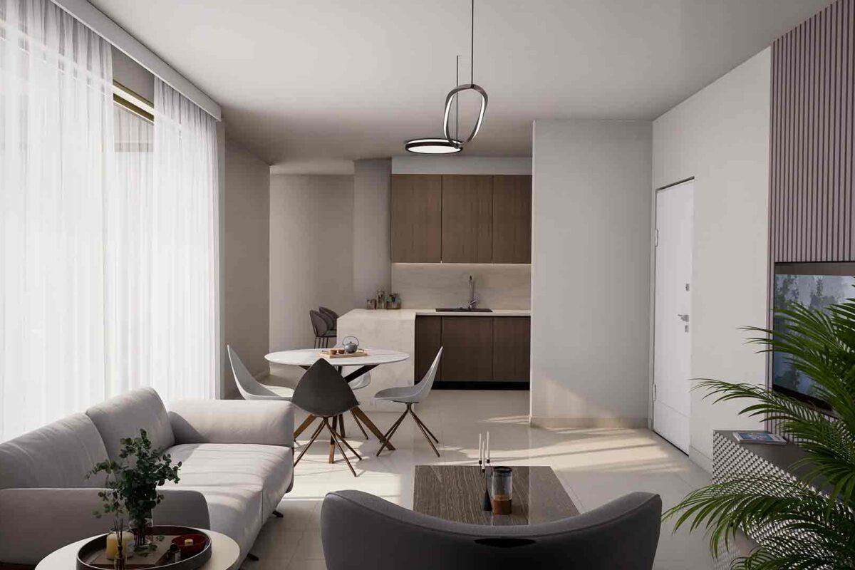 Interior render of the open-plan living and dining area