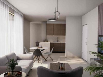 Interior render of the open-plan living and dining area