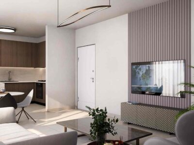 Interior render of the living area with kitchen