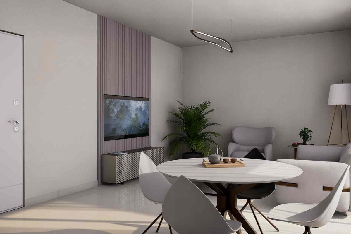 Interior render of the dining and living area