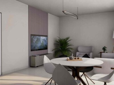 Interior render of the dining and living area