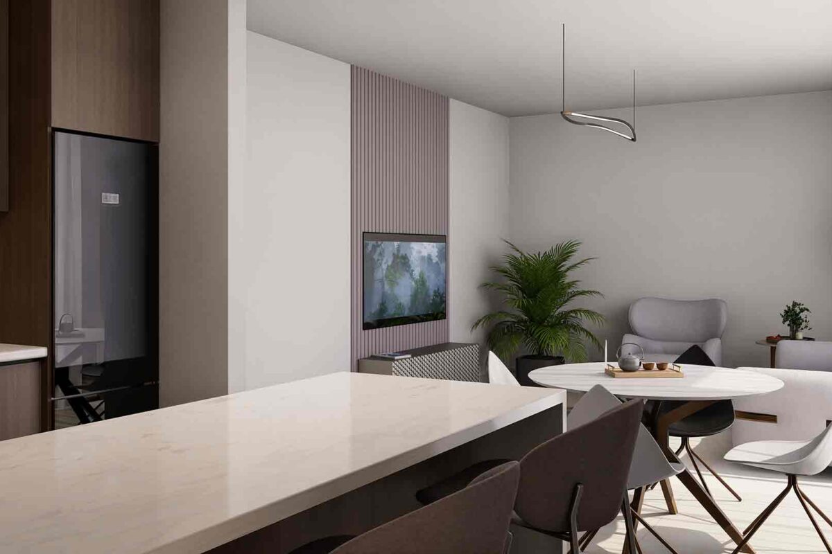 Interior render of the modern kitchen and dining area