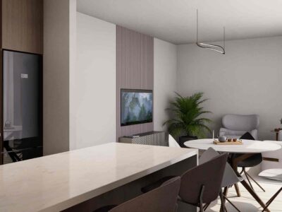 Interior render of the modern kitchen and dining area