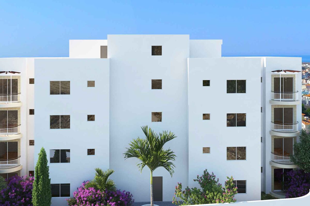 Render of the apartment building rear elevation in Universal Paphos
