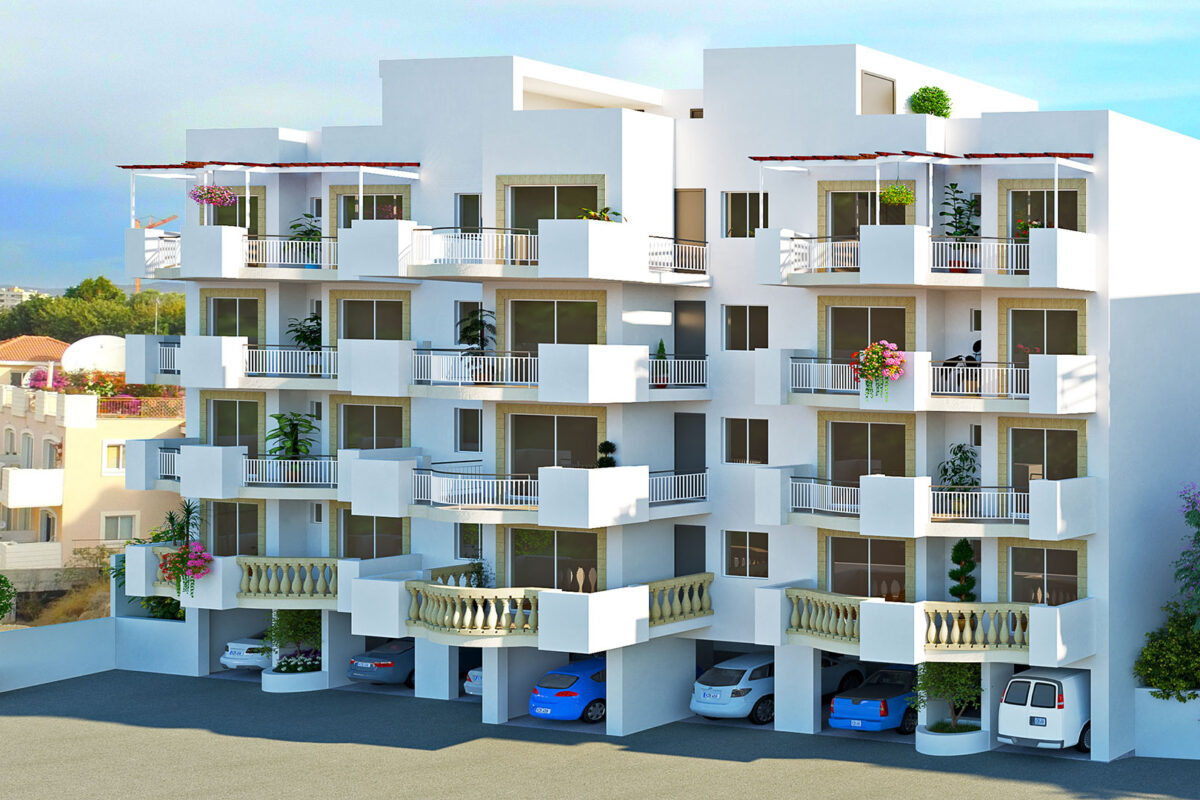 Render of apartment blocks with covered verandas in Universal Paphos
