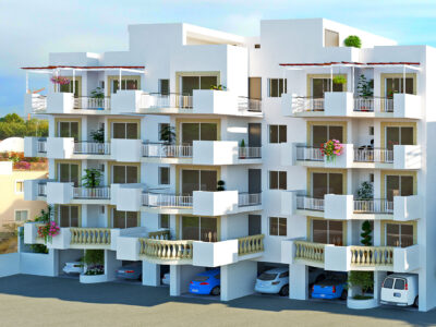 Render of apartment blocks with covered verandas in Universal Paphos