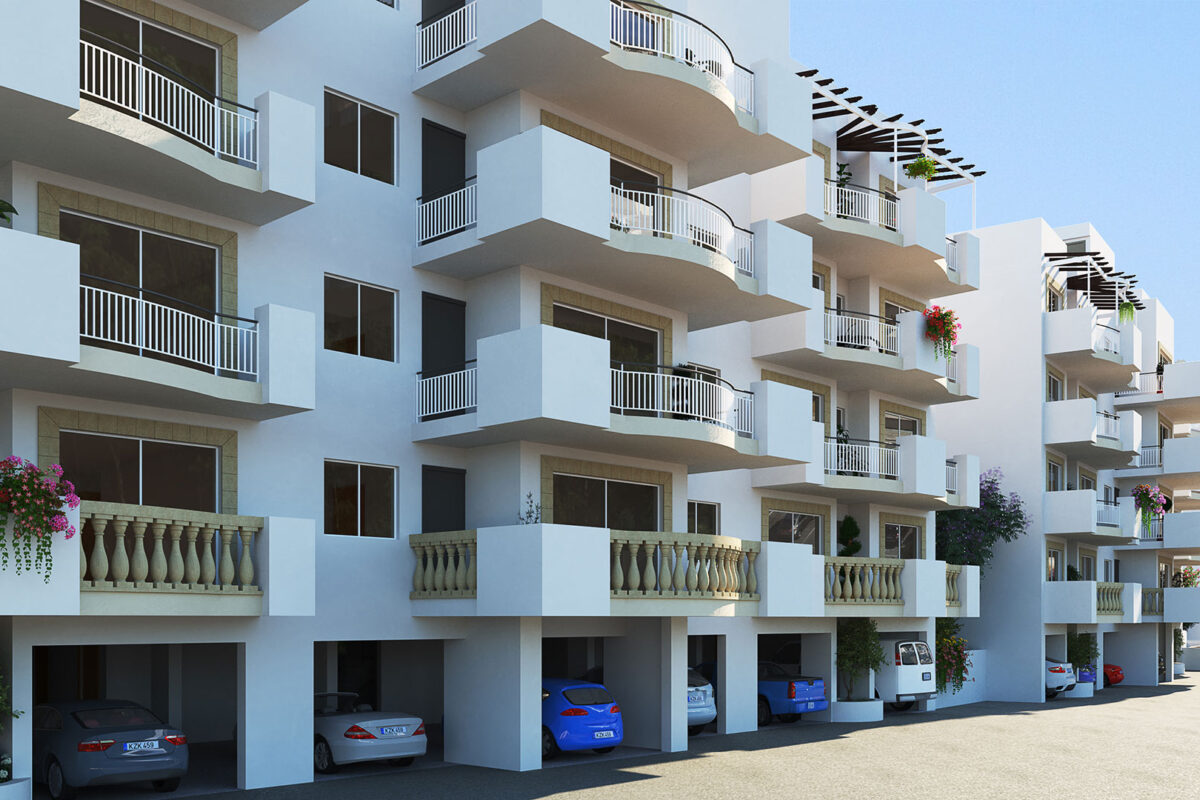 Render of apartment block facades in Universal Paphos