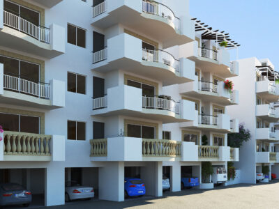 Render of apartment block facades in Universal Paphos