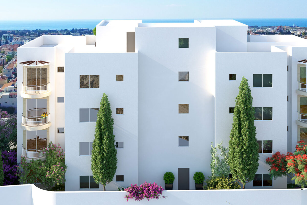 Render of apartment building with landscaped gardens in Universal Paphos
