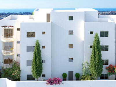 Render of apartment building with landscaped gardens in Universal Paphos
