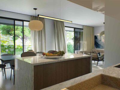 3 Bedroom Apartment in Prodromi Polis – interior render of the kitchen with glazed doors