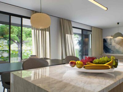 2 Bedroom Apartment in Prodromi Polis – interior render of the kitchen island and dining area