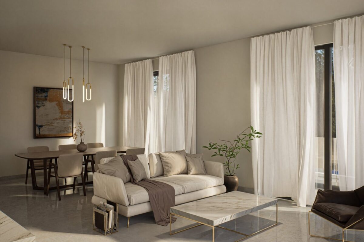 Open-plan living and dining area in a 4 Bedroom Chloraka villa (render)