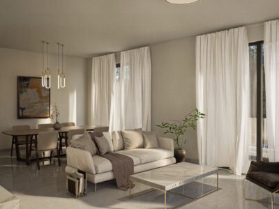 Open-plan living and dining area in a 4 Bedroom Chloraka villa (render)