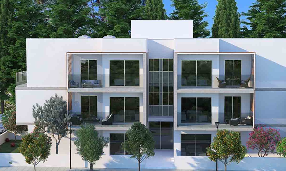 Render of the apartment block exterior with covered verandas in Kato Paphos